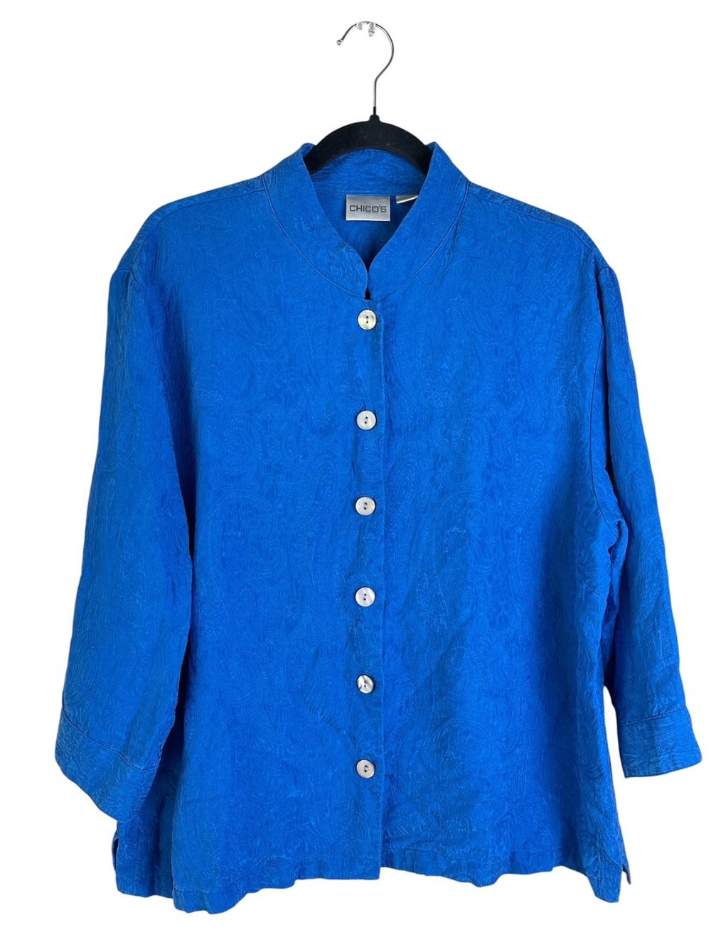 Chico's Design Button Front Shirt Silk Blend Paisley Jacquard Sz 2 Large Blue